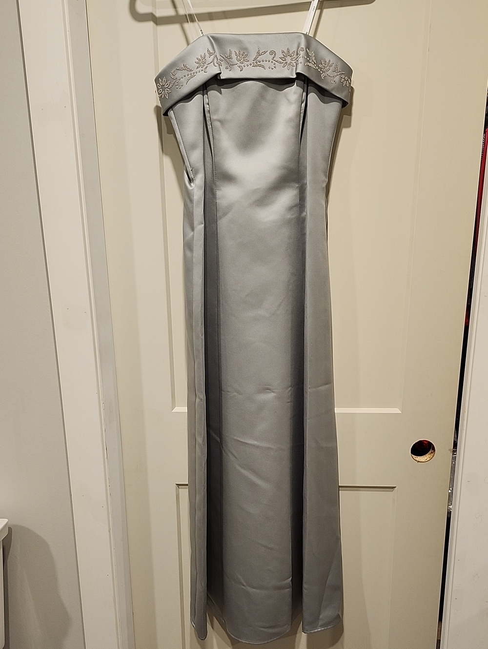 Silver Strapless Satin Evening Gown with Embroidered Trim